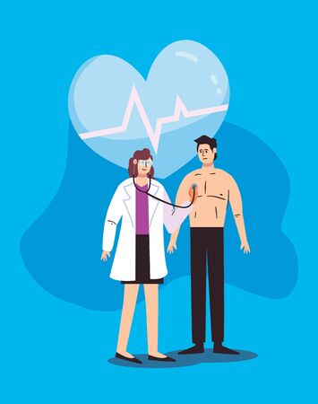 Woman doctor with stethoscope and patient man design of Covid 19 virus 2019 ncov cov coronavirus infection corona epidemic disease symptoms and medical theme Vector illustrationの写真素材