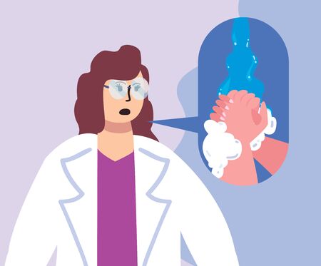 Woman doctor and hands washing design of Covid 19 virus 2019 ncov cov coronavirus infection corona epidemic disease symptoms and medical theme Vector illustrationの写真素材