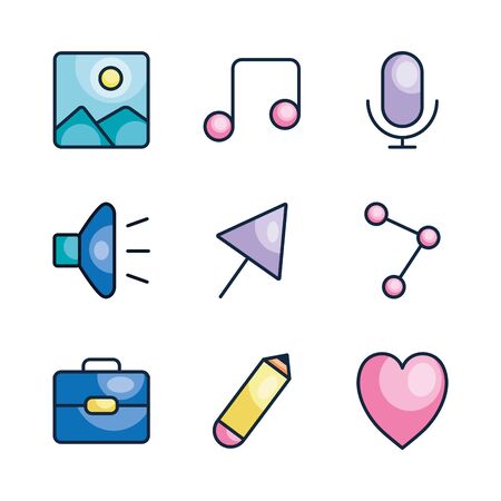 picture symbol and user interface icon set over white background, line color style, vector illustrationの写真素材