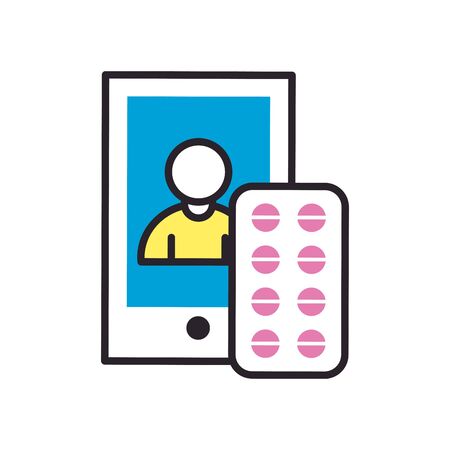 Smartphone with avatar and pills tablet fill style icon design of Shopping online ecommerce market retail buy paying banking and consumerism theme Vector illustrationの写真素材