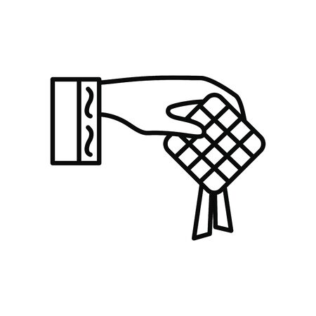 Eid mubarak concept, hand holding a ketupat over white background, line style, vector illustrationの写真素材