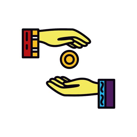 Eid mubarak concept, hand giving a coin to another hand over white background, line and fill style, vector illustrationの写真素材