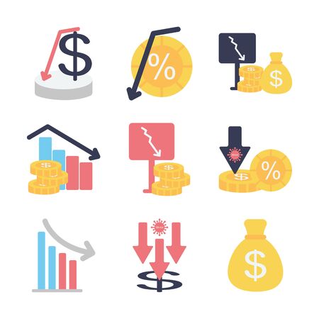 money coins and stock market crash icon set over white background, flat style, vector illustrationの写真素材