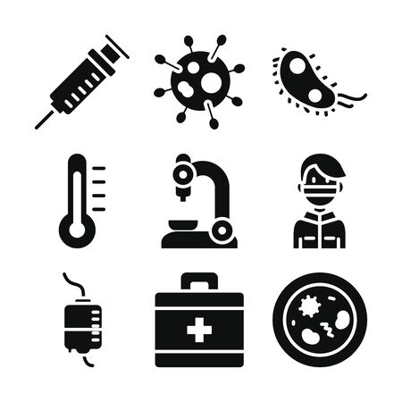 syringe, virus and medicine icon set over white background, silhouette style, vector illustrationの写真素材