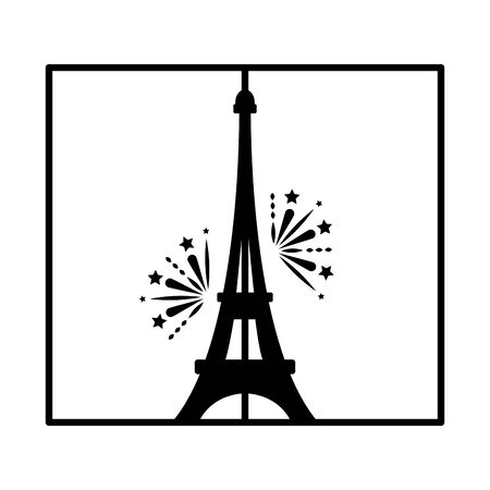 bastille day concept, flag with eiffel tower and fireworks with france flag design over white background, line style, vector illustrationの写真素材