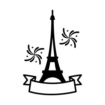 bastille day concept, eiffel tower with decorative ribbon and fireworks icon over white background, line style, vector illustrationの写真素材