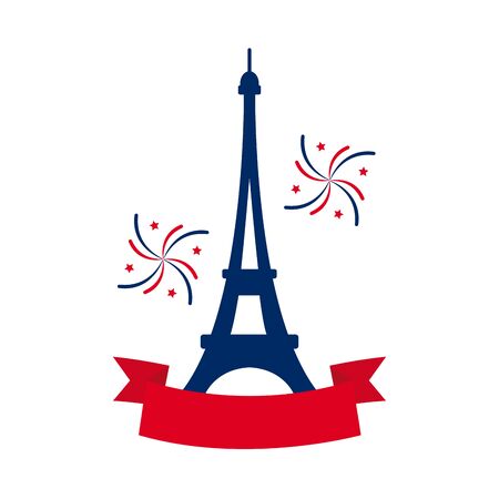 bastille day concept, eiffel tower with decorative ribbon and fireworks icon over white background, flat style, vector illustrationの写真素材