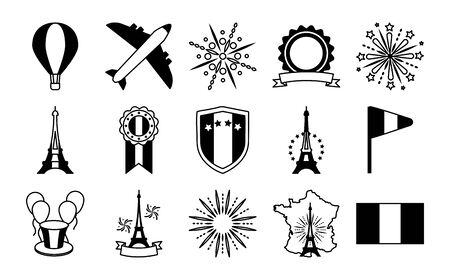 airplane and bastille day icon set over white background, line style, vector illustrationの写真素材