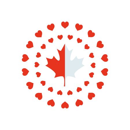canada day concept, round frames of hearts and maple leaf icon over white background, silhouette style, vector illustrationの写真素材