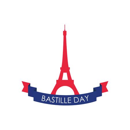 Happy bastille day concept, eiffel tower and ribbon over white background, block silhouette style, vector illustrationの写真素材