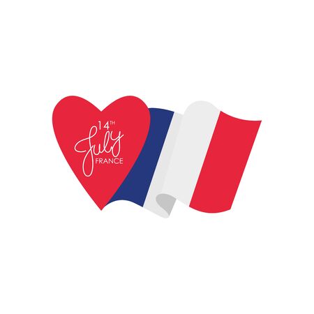 Happy bastille day concept, heart and france flag waving over white background, flat style, vector illustrationの写真素材