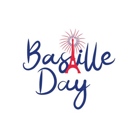Bastille day design with eiffel tower and fireworks over white background, flat style, vector illustrationの写真素材