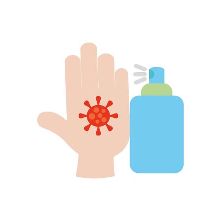 stop the spread concept, hand with virus and antibacterial alcohol can over white background, flat style, vector illustrationのイラスト素材