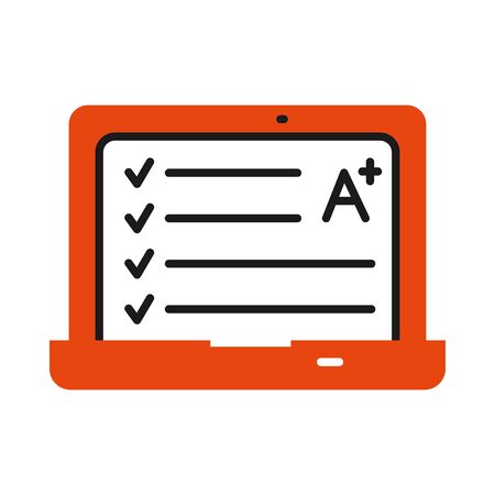 online learning concept, laptop computer with academic note icon over white background, half line half color style, vector illustrationのイラスト素材