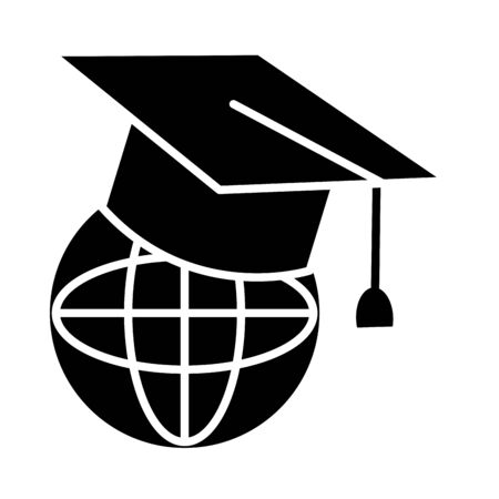 online learning concept, global sphere with graduation cap icon over white background, silhouette style, vector illustrationのイラスト素材