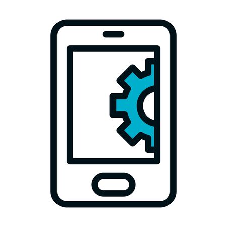 SEO and marketing online concept, smartphone with gear wheel icon over white background, half color half line style, vector illustrationのイラスト素材