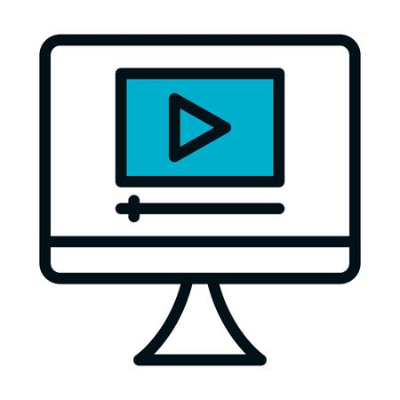 computer with video player on screen icon over white background, half color half line style, vector illustrationのイラスト素材