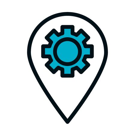 Seo and marketing online concept, location pin with gear wheel icon over white background, half color half line style, vector illustrationのイラスト素材