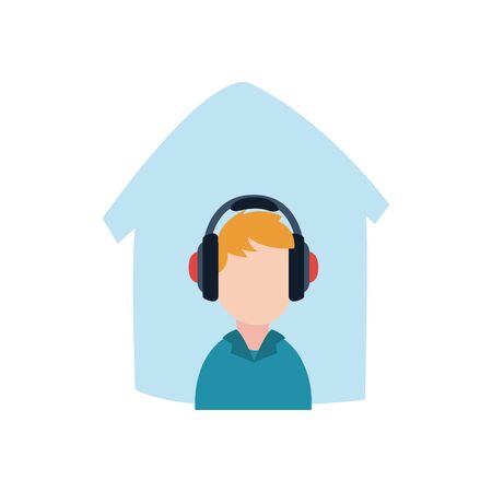 Avatar man with headphone staying at home flat style icon design, Device music sound audio stereo technology volume headset and ear theme Vector illustrationのイラスト素材