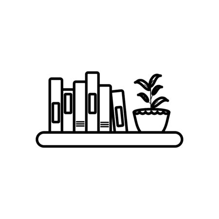 shelf with books and decorative plant icon over white background, line style, vector illustrationのイラスト素材