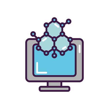 monitor with chemical bonds icon over white background, line color style, vector illustrationのイラスト素材