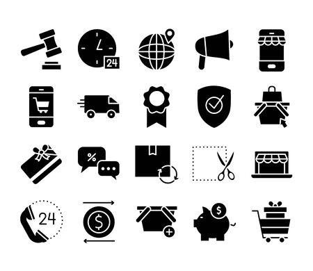 piggy bank and shopping online icon set over white background, silhouette style, vector illustration