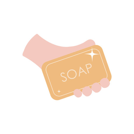 hand holding a soap bar icon over white background, flat style, vector illustrationのイラスト素材