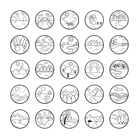 beach and Landscapes icon set over white background, line style, vector illustrationのイラスト素材