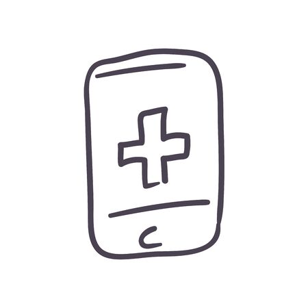 Cross inside smartphone line style icon design of Medical care and covid 19 virus theme Vector illustrationのイラスト素材