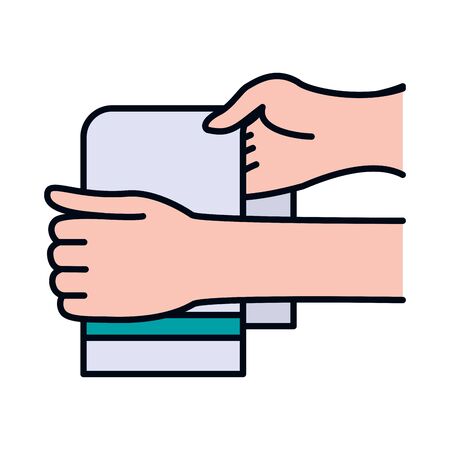 handswashing concept, hands drying off with a towel over white background, line and fill style, vector illustrationのイラスト素材