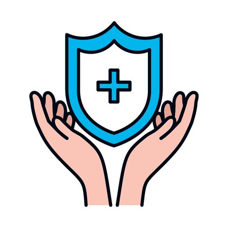 hands and shield with medical cross icon over white background, line and fill style, vector illustrationのイラスト素材