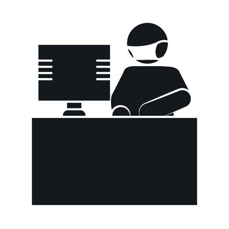 pictogram man with protective mask at desk over white background, silhouette style, vector illustrationのイラスト素材