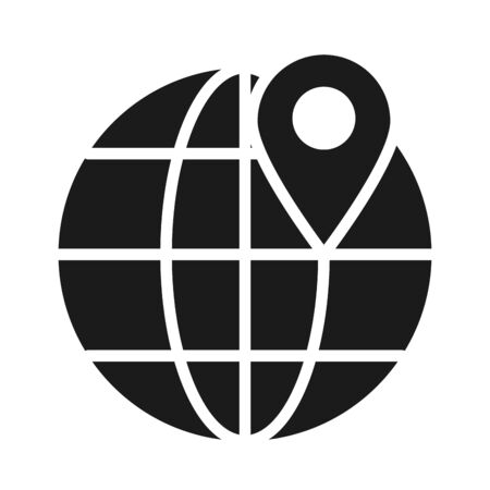 global sphere with location pin icon over white background, silhouette sytle, vector illustrationのイラスト素材