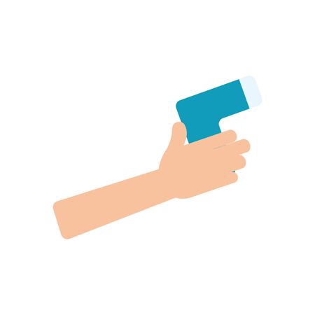 hand holding a infrared thermometer icon over white background, flat style, vector illustrationのイラスト素材