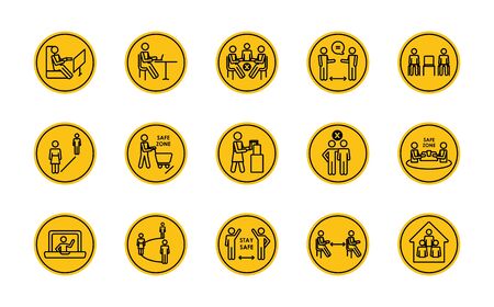 pictogram people and social distancing icon set over white background, block silhouette style, vector illustrationのイラスト素材