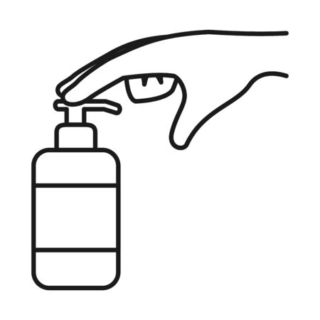 hand pushing a bottle of soap over white background, line style, vector illustrationのイラスト素材