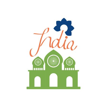 India Hand lettering design with decorative flower and taj mahal icon over white background, flat style, vector illustrationのイラスト素材