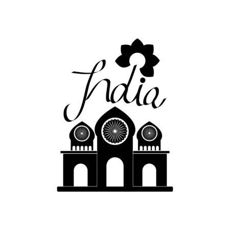 India Hand lettering design with decorative flower and taj mahal icon over white background, silhouette style, vector illustrationのイラスト素材