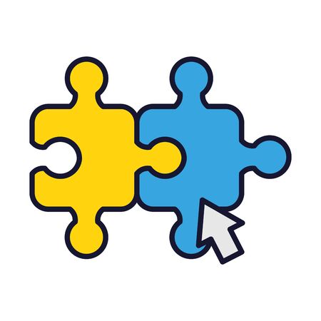 online education concept, jigsaw puzzles with arrow cursor over white background, line and fill style, vector illustrationのイラスト素材