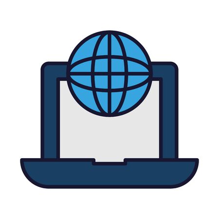 online education concept, laptop computer with global sphere icon over white background, line and fill style, vector illustrationのイラスト素材
