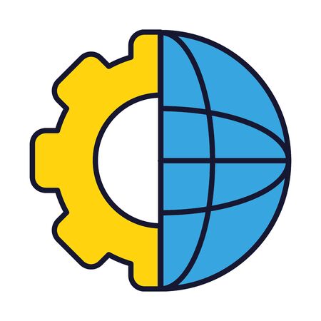 half gear wheel and half global sphere icon over white background, line and fill style, vector illustrationのイラスト素材