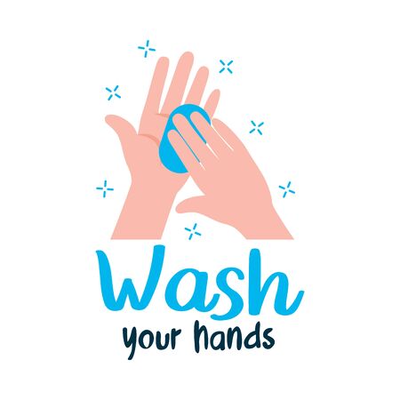 wash your hands lettering design with hands with soap bar icon over white background, vector illustrationのイラスト素材
