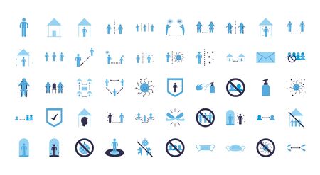 Social distancing flat style icon set design of Covid 19 virus theme Vector illustrationのイラスト素材