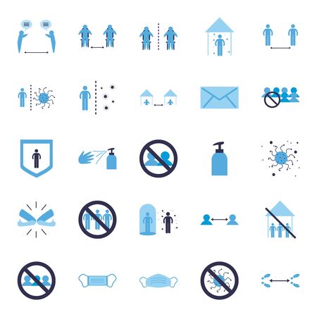 Social distancing flat style icon set design of Covid 19 virus theme Vector illustrationのイラスト素材
