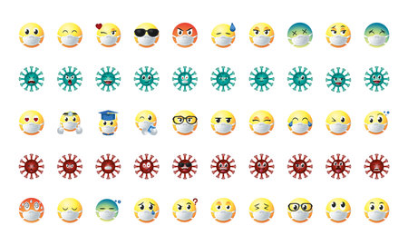 emojis with masks gradient style icon set design of medical care and covid 19 virus theme Vector illustrationのイラスト素材