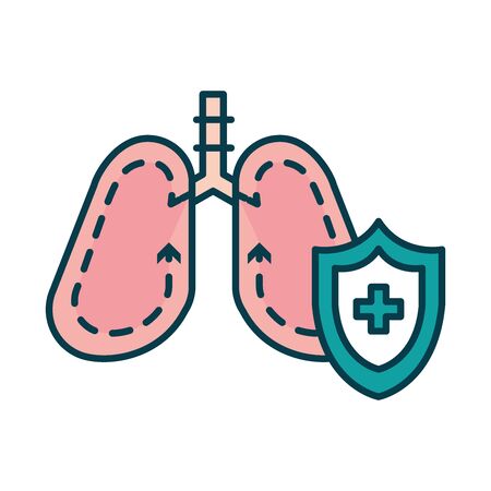 lungs and protection medical shield icon over white background, line and fill style, vector illustrationのイラスト素材