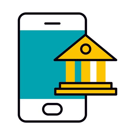 smartphone and academic building icon over white background, half line half color style, vector illustrationのイラスト素材