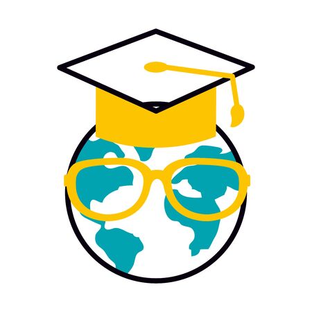 online education concept, earth planet with glasses and graduation cap icon over white background, half line half color style, illustrationのイラスト素材