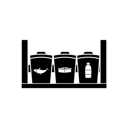 shelf with cans with garbage recycling symbols over white background, silhouette style, vector illustrationのイラスト素材