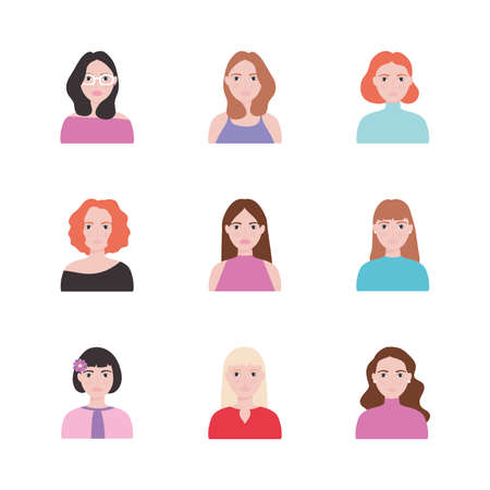avatar women icon set over white background, flat style, vector illustrationのイラスト素材
